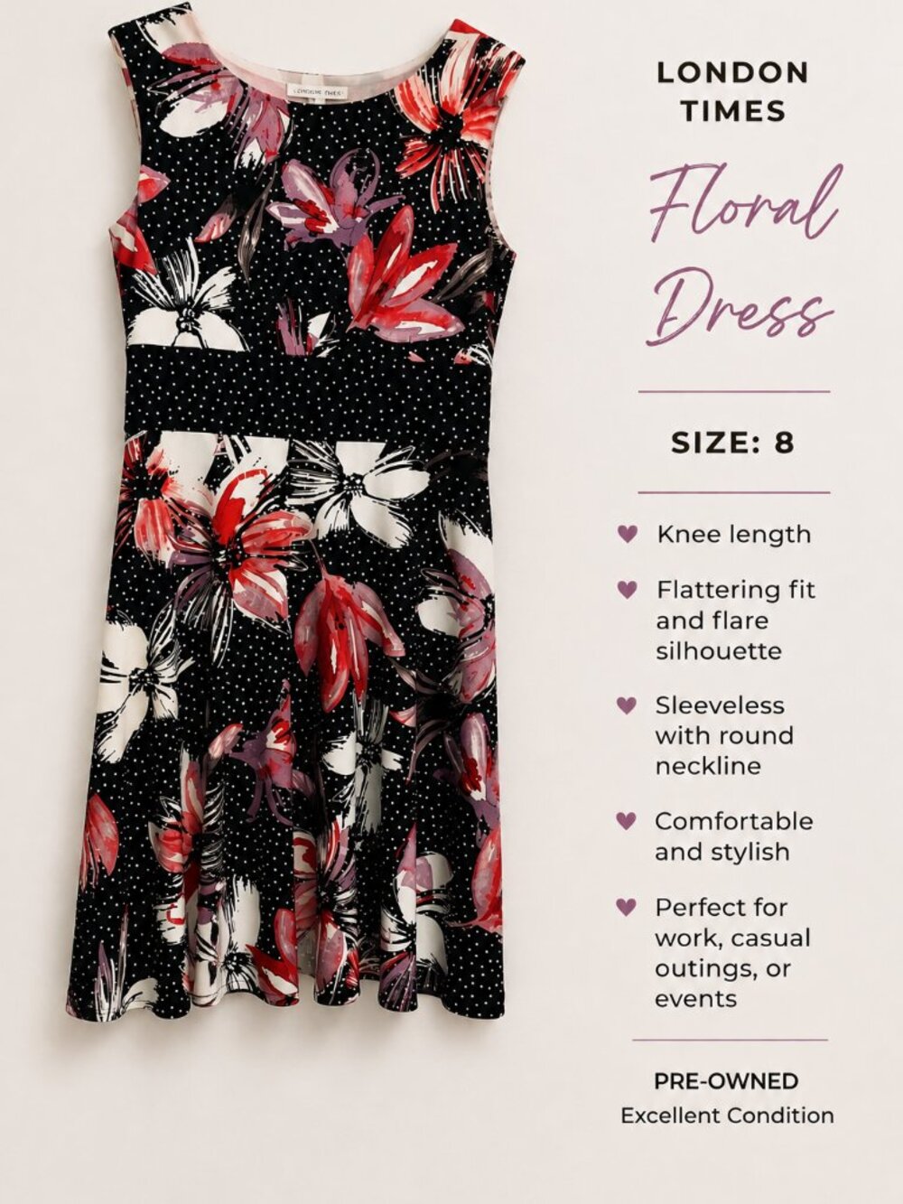 London Times Floral & Polka Dot Dress — Size 8